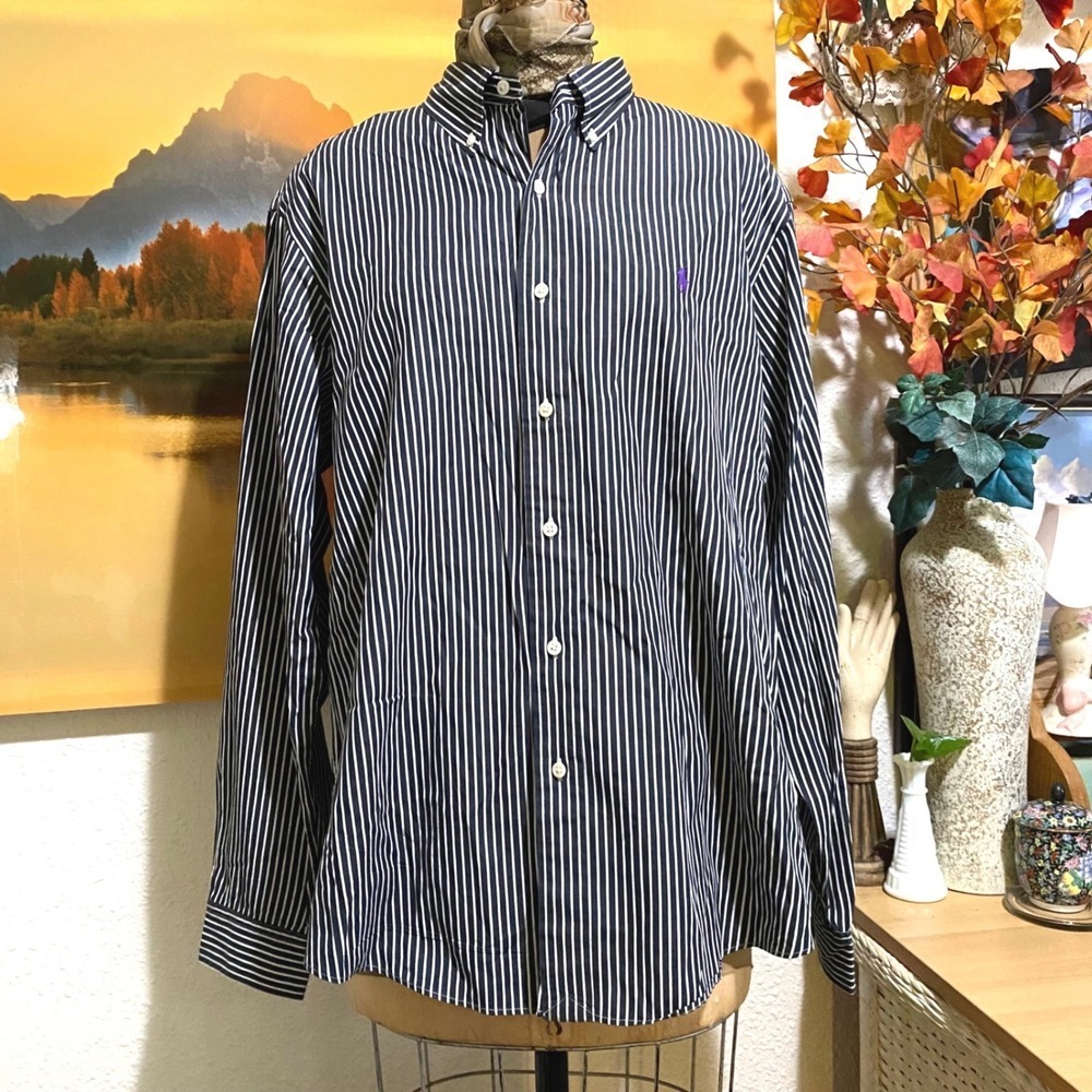 Ralph Lauren Button Down Old Money Preppy Mens Custom Fit XL Navy White Stripe - Picture 1 of 10